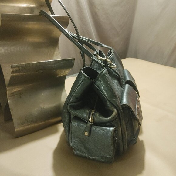 Botkier Metallic Teal Leather Handbag Dual Front Pockets Snap Closure - Picture 9 of 10